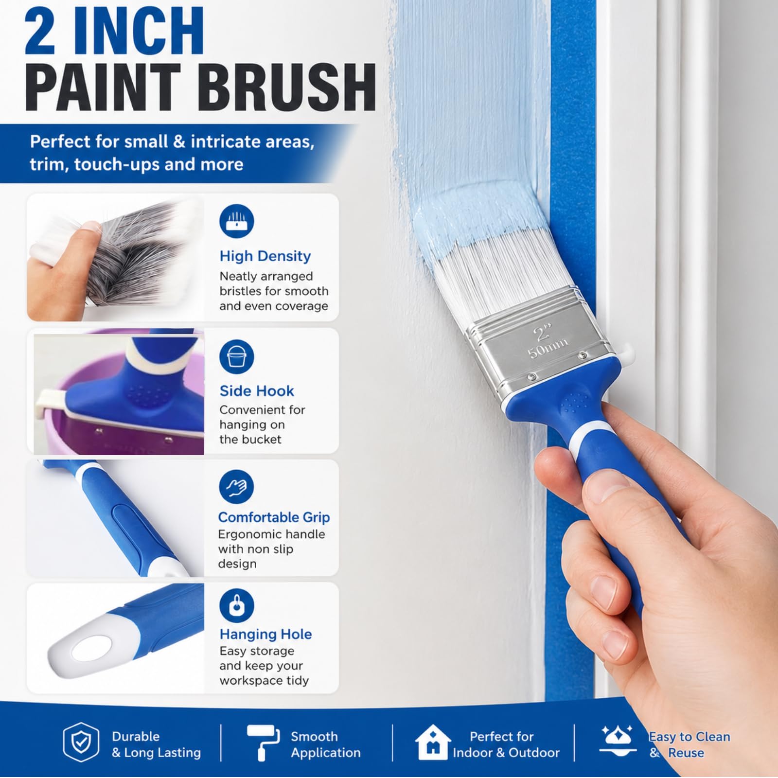 Kit de rodillos de pintura, juego de 8 piezas con pincel de pintura de 2 pulgadas, marco de rodillos de pintura antideslizante de 9 pulgadas, poste de extensión ajustable de 48 pulgadas, 3 cubiertas
