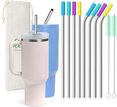 Teivio 8 Piece 5/16 inch 8mm Wide Stainless Steel Straws for 40 oz Tumbler with Handle, 12 Inch Long Reusable Metal Drinking Straws, Replacement Straws with Silicone Tips & Cleaning Brush, Silver