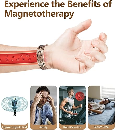 Miniatura 5 de Feraco Pulsera de cobre para hombres 3 veces más fuerza, pulsera de terapia magnética de cobre con potentes imanes de 3800 Gauss, cierre plegable de