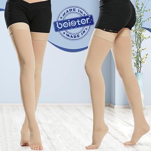 Miniatura 6 de Beister 1 par de medias de compresión altas (hasta el muslo) con puntera abierta, con banda de silicona, para mujeres y hombres, compresión gradual