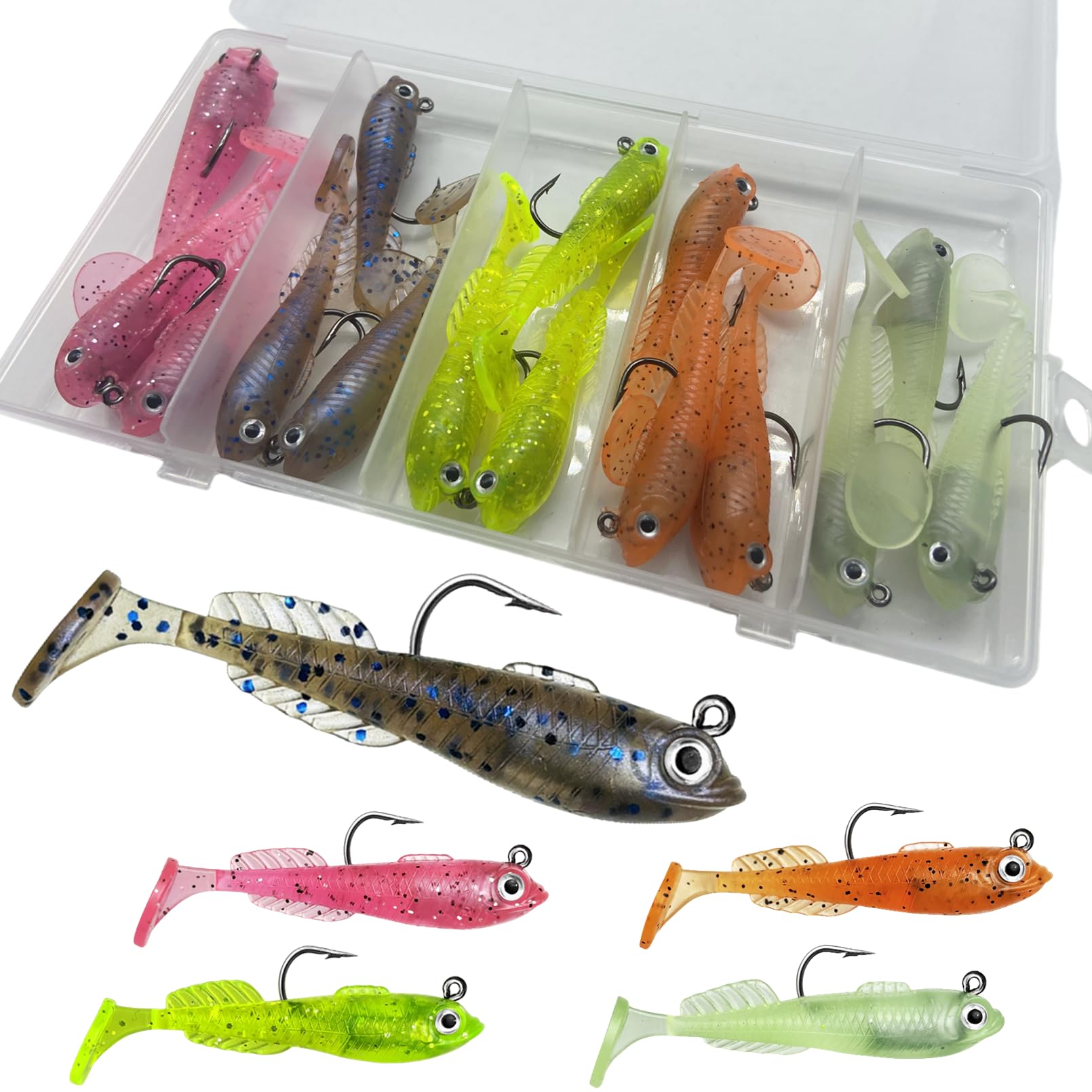 15Pcs Pre-Rigged Jig Head Soft Mini Fishing Lures，2.5"/0.25oz Paddle Tail Swimbaits/3D Eyes,Ice Fishing Jigs Lures Kit,Fishing Bait for Bass,Pike, Bluegill and Sunfish Freshwater Saltwater
