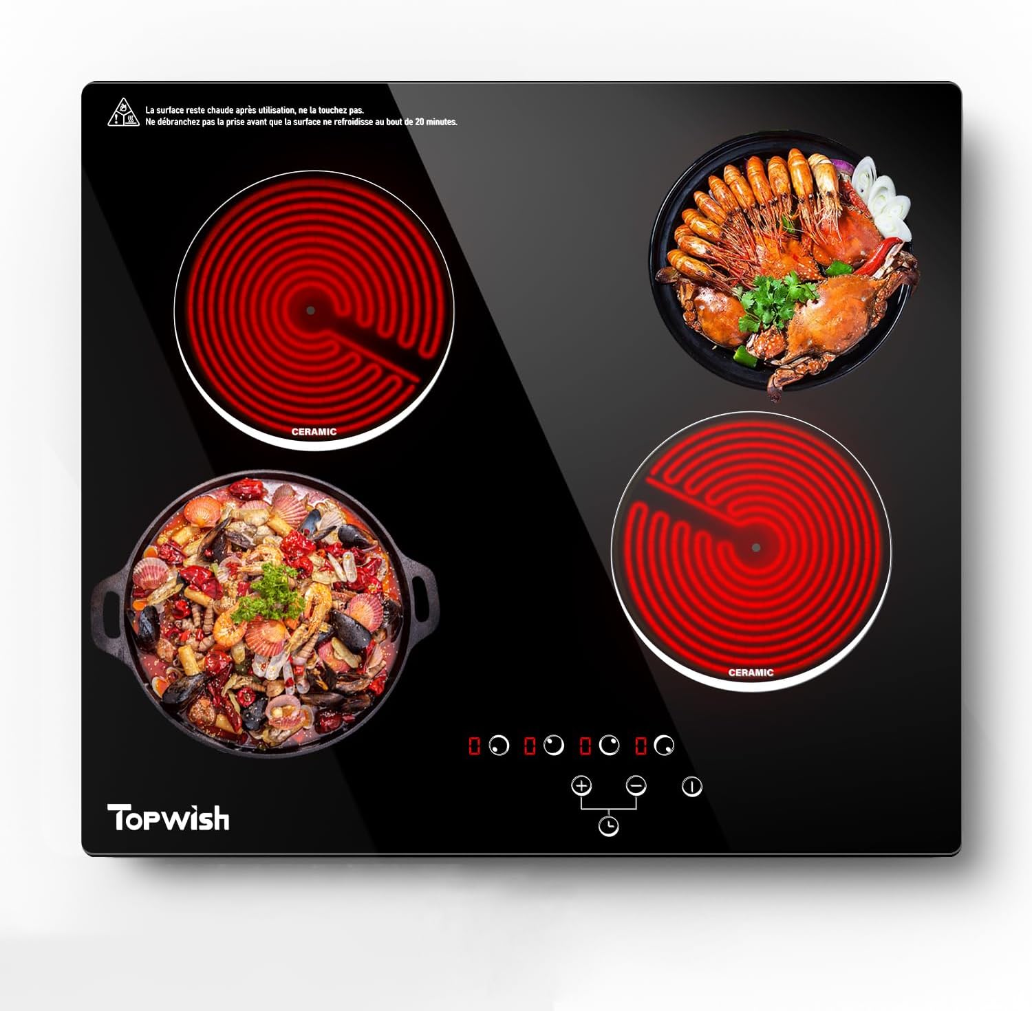 4 burner electric cooktop, topwish 24 inch, built-in electric stove top, 220-240v radiant cooktop with child lock, touch control, residual heat indicator, overheat protection, hard wire (no plug)