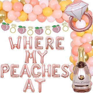 Peach Themed Bachelorette Party Decorations Rose Gold Where My Peaches at Party Decors Balloon Garland Peach Theme Banner Funny Peach Garland for Bridal Shower with Diamond Ring Champagne Foil Balloon