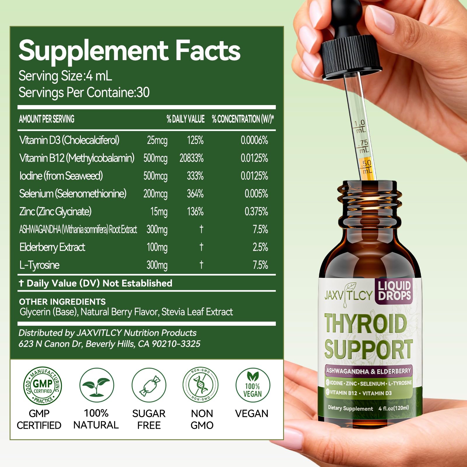Thyroid Support Drops for Women & Men, 8-in-1 Iodine Supplements with Iodine,Ashwagandha,Selenium, Zinc, L-Tyrosine, Elderberry, B12,D3-Metabolism & Energy support,Non-GMO,Vegan,30 servings. — Amazon image 5