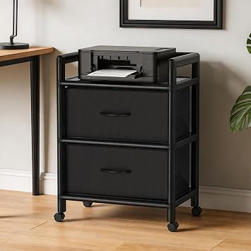 Glosen 2 Drawer File Cabinet with 26 Removable Fabric Drawers Convert to Shelves, Mobile Filing Cabinet on Wheels, Heavy Duty Metal Printer Stand for Home Office, Small Space