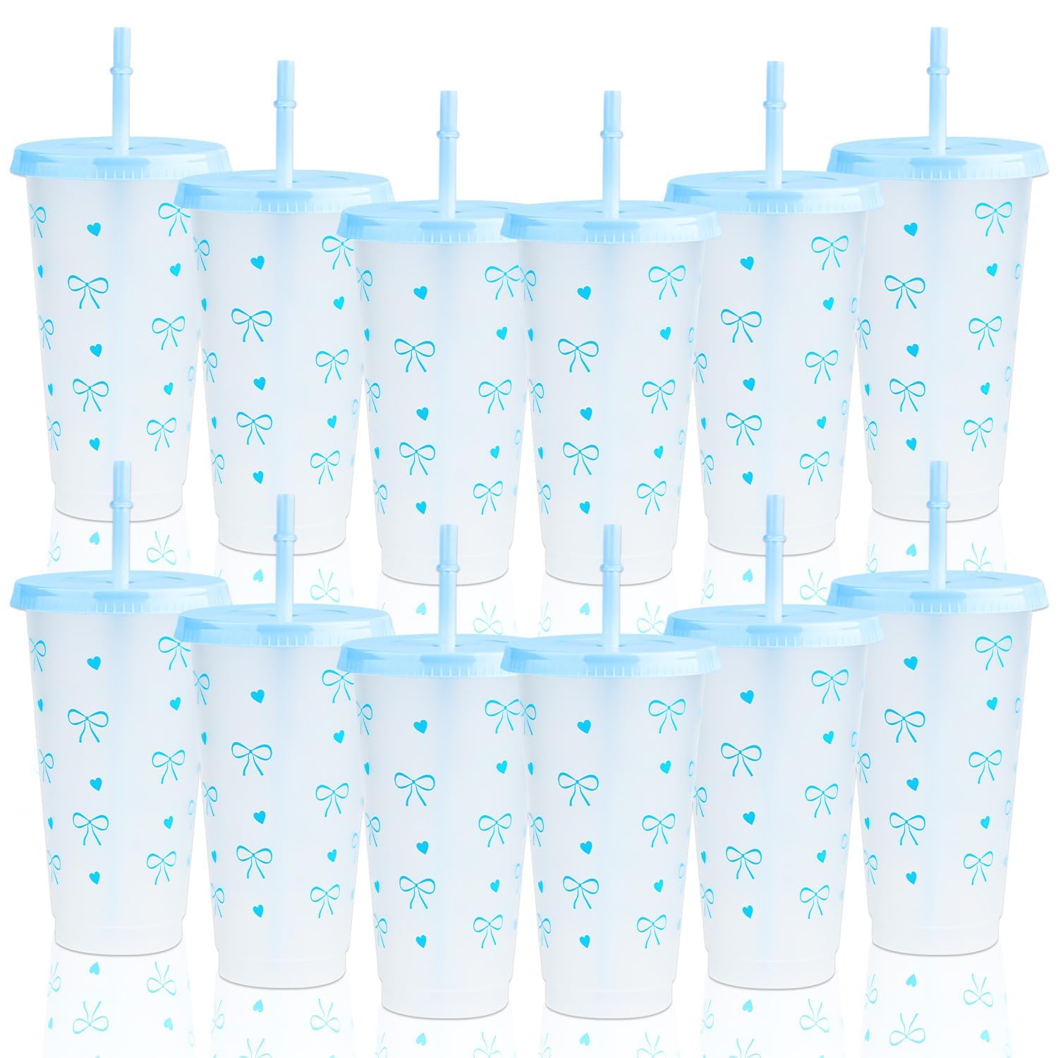 ktxaby 12Pcs 24oz Blue Bow Plastic Cups with Straw and Lid, 710ml Reusable Tumbler Cup Bow Tie Cold Cups for Wedding Birthday Party Decor