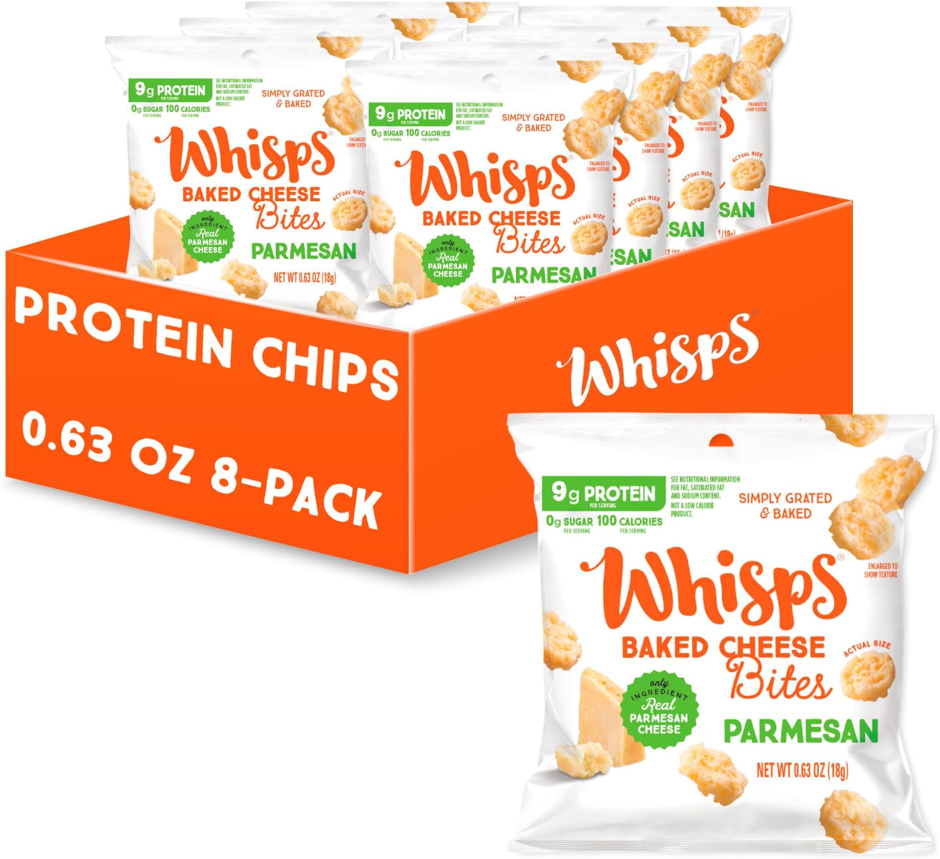 Whisps Cheese Crisps Parmesan Cheese | Protein Chips | Healthy Snacks | Protein Snacks, Gluten Free, High Protein, Low Carb Keto Food (0.63 Oz, 8 Pack)