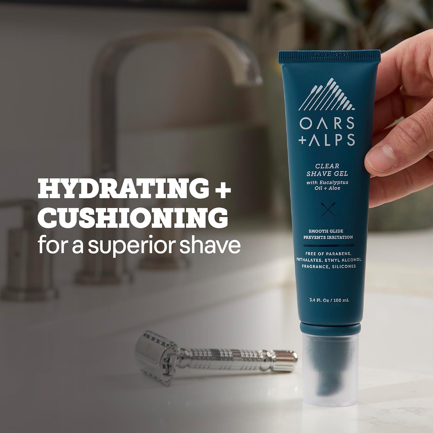 Oars + Alps Hydrating Men's Clear Shave Gel, Dermatologist Tested and Infused with Aloe & Eucalyptus Oil, TSA Friendly, 3.4 Oz, 1 Pack - Image 3