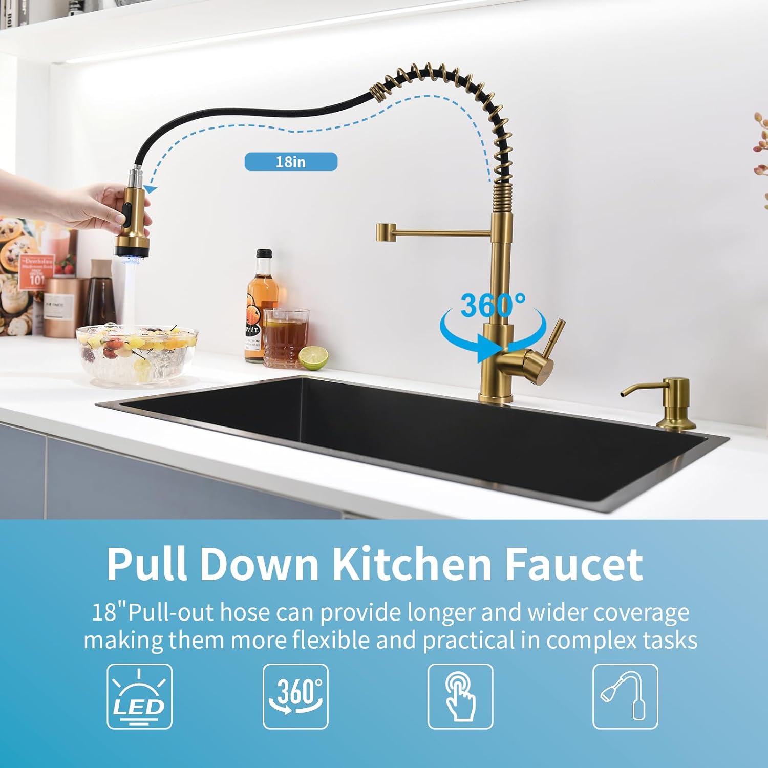 GIMILI Gold Kitchen Faucet with Soap Dispenser Single Hole Pull Down Sprayer LED Faucet, Suitable for Farmhouses, RV, Laundry Room, Outdoor, and Campers. Llave para fregadero de cocina - Image 5