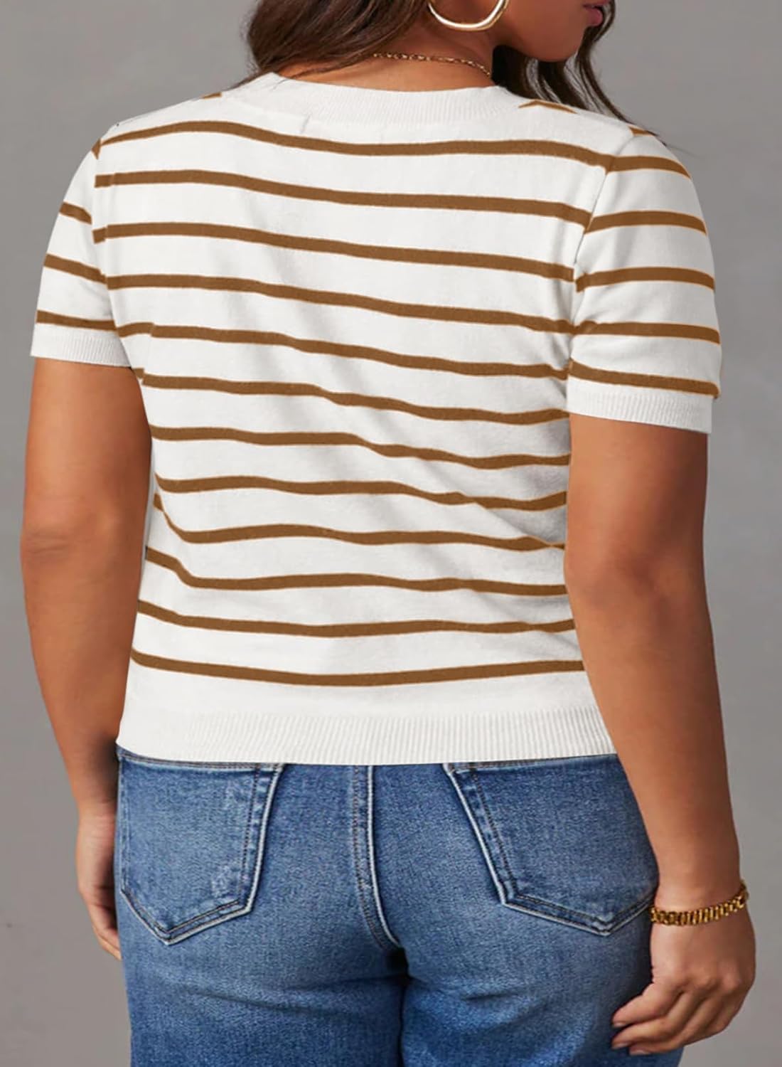 Eytino Women Plus Size Sweater Tops Short Sleeve Crewneck Striped Tshirts Casual Summer Blouses Shirts(1X-5X) - Image 2