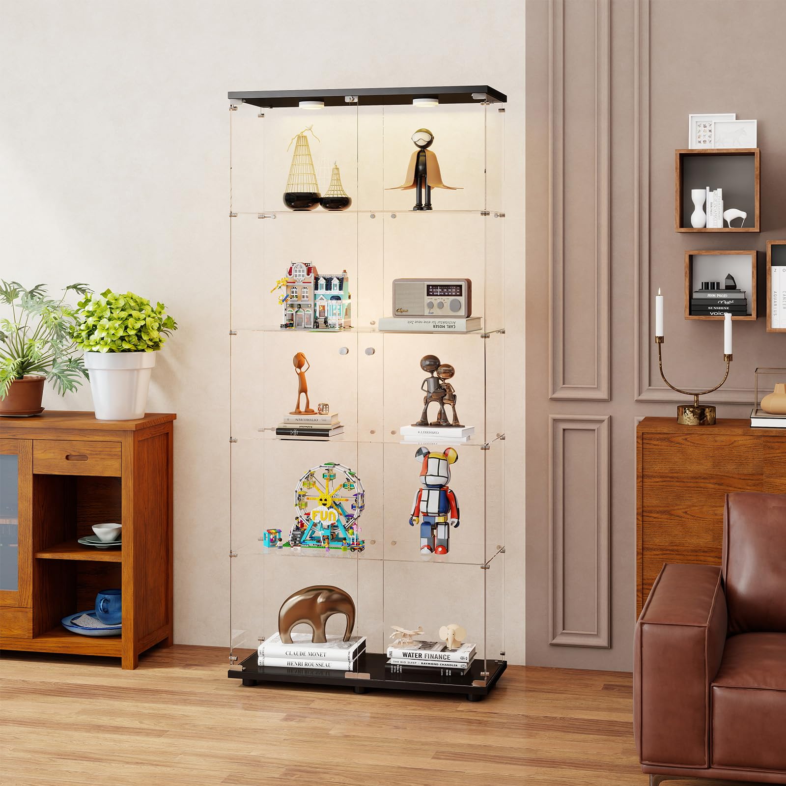 Photo 1 of ***FACTORY SEALED***Zevemomo 5-Tier Tempered Glass Display Cabinet with Lights, Curio Cabinet with Glass Doors and Lock, Glass Display Case for Collectibles, for Living Room Bedroom Office, Double Door, Black