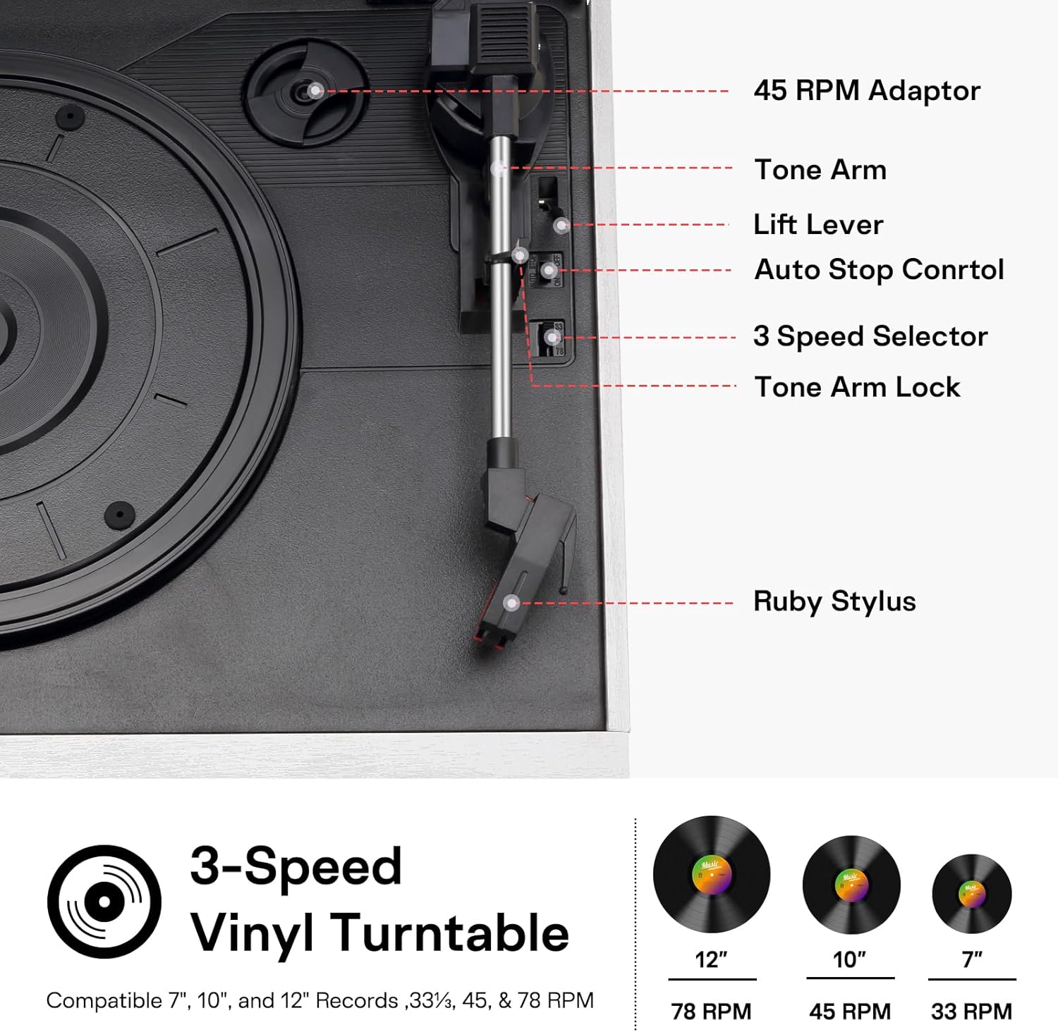 9 in 1Record Player with Bluetooth AM FM Radio USB SD MMC CD Cassette Playback Remote Control and Built in Dual Speakers 3 Speed Turntable for Home Entertainment