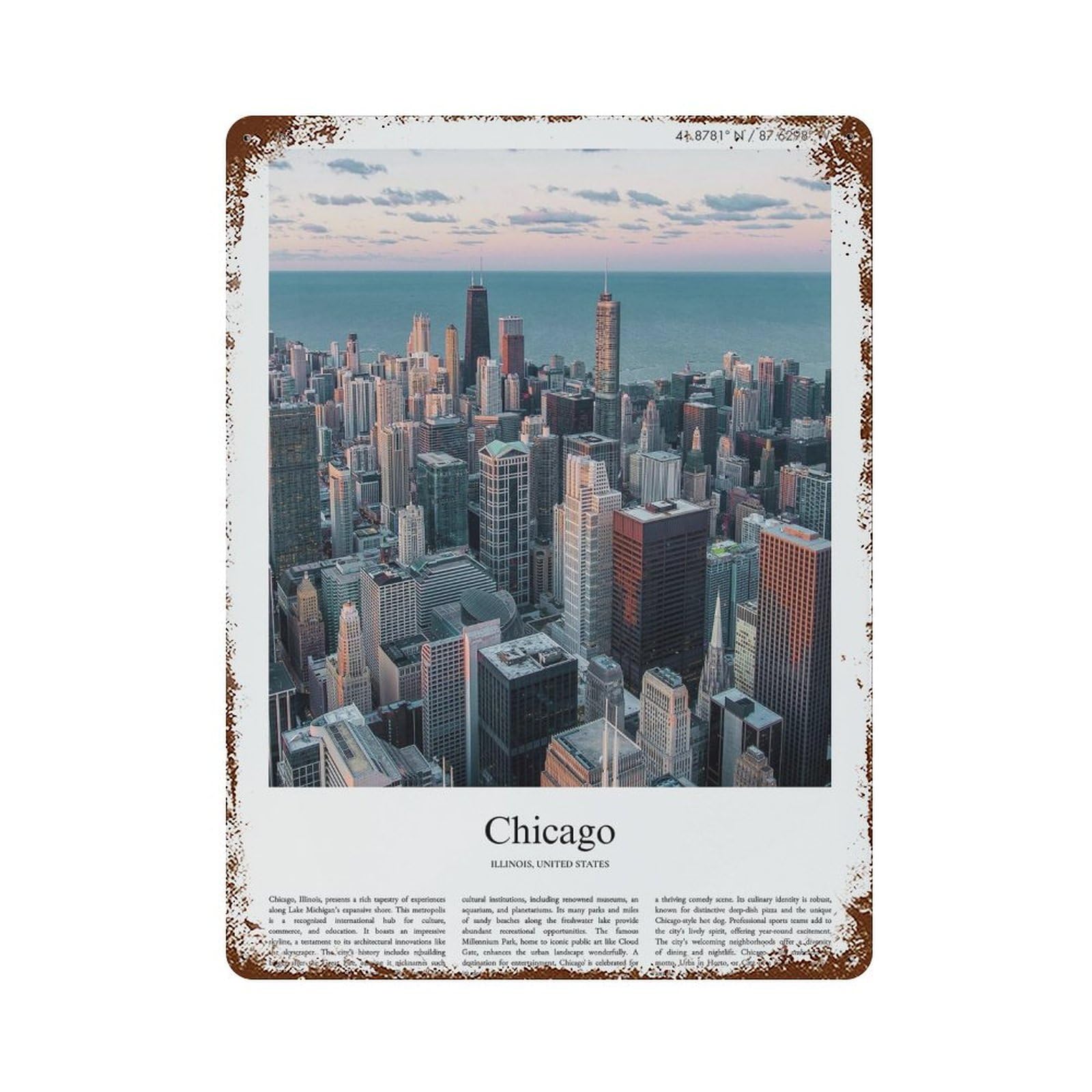xiaoxiaoshen Chicago Illinois, United States, USA City Scenery Wall Decor Art Metal Tin Poster Modern Home Decor Art Home Bar Shop Decorations Vintage Sign 40x30cm
