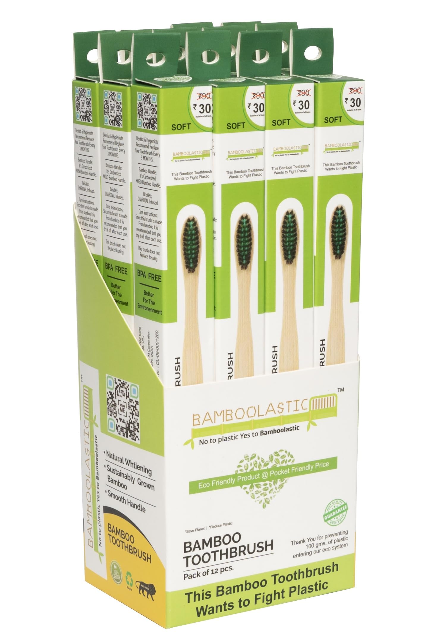 BAMBOOLASTIC Eco-Friendly Organic Biodegradable Toothbrush Made By Bamboo with Activated Charcoal and Neem Soft Bristles Natural Toothbrushes Pack of 12Pcs with Wooden Handle