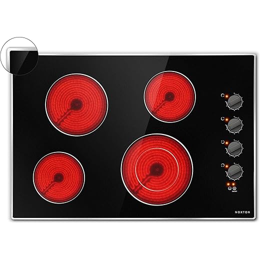 Noxton 30 Inch 4 Burners Electric Cooktop, Built-in 30" Radiant Electric Ceramic Stove Top with Glass Protection Metal Frame,Knob Control, Hot Surface Indicator, 220-240v, No Plug, Hard Wire