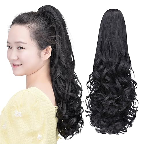 Cola de caballo sintética con clip negro, cola de caballo falsa de 22 pulgadas, 5.3 onzas, extensiones de cabello negro ondulado, peluca Yaki