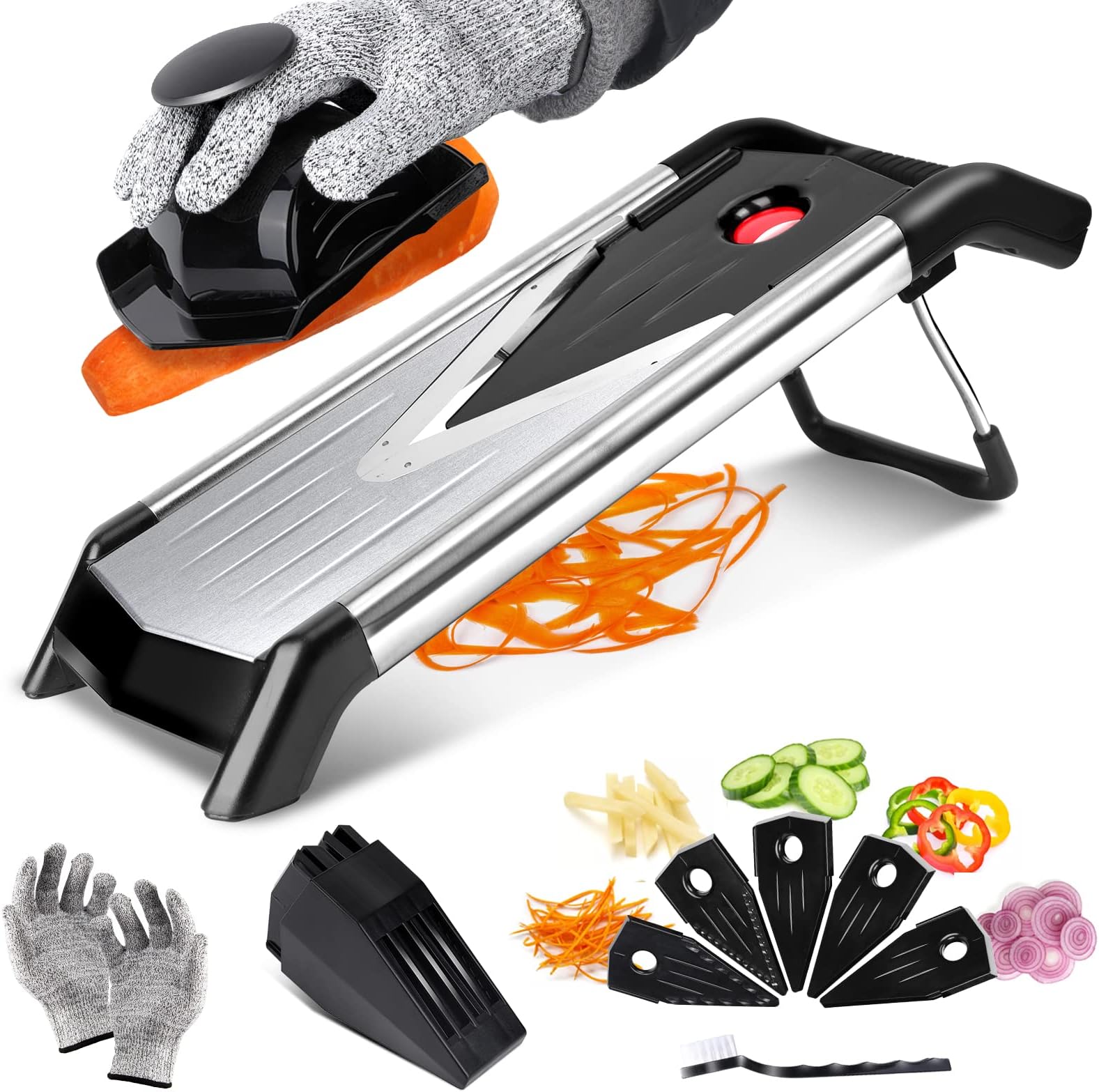 Midyb V Blade Mandoline Slicer, 5 in 1 Professional Mandoline Vegetable Slicer, Kitchen Food Julienne Cutter for Onions Fruits, Stainless Steel, Send Cleaning Brush & Cut Proof Gloves