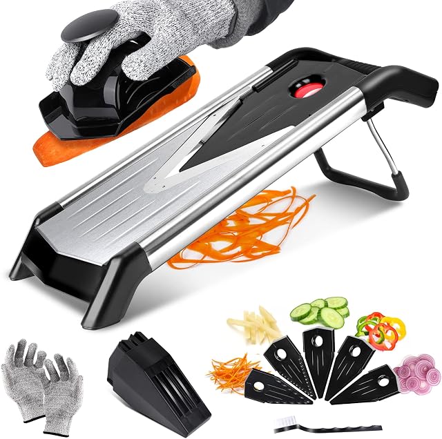 Midyb Mandolin Slicer, 5 in 1 Professional Mandoline Slicer with V Blades, Kitchen Food Julienne Cutter for Onions Fruits, Stainless Steel, Send Cleaning Brush & Cut Proof Gloves