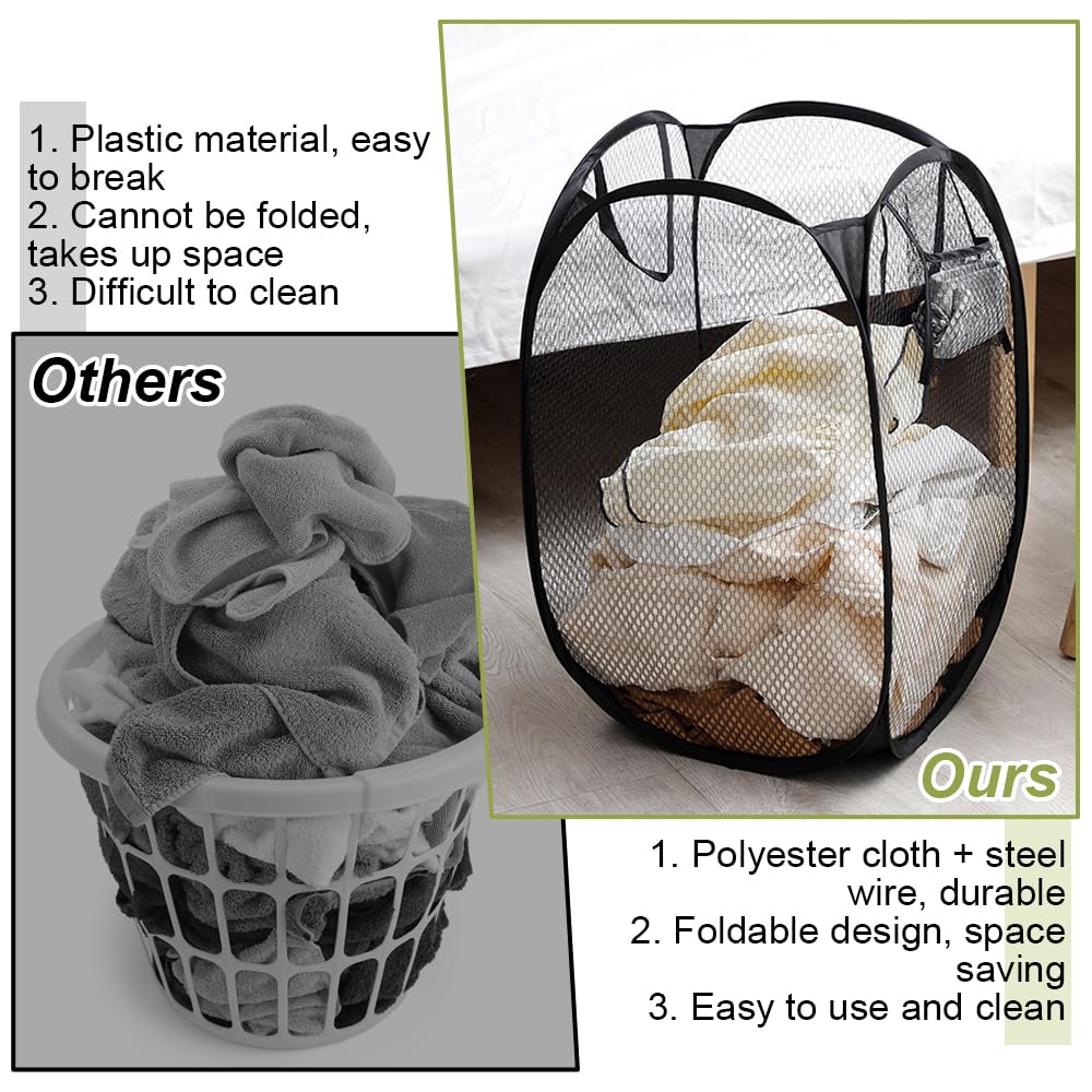 Lot De 2 Paniers à Linge Pliables En Maille Noirs 36x36x60cm - Pop Up Avec Poignées, Idéal Chambre Enfant & Maison