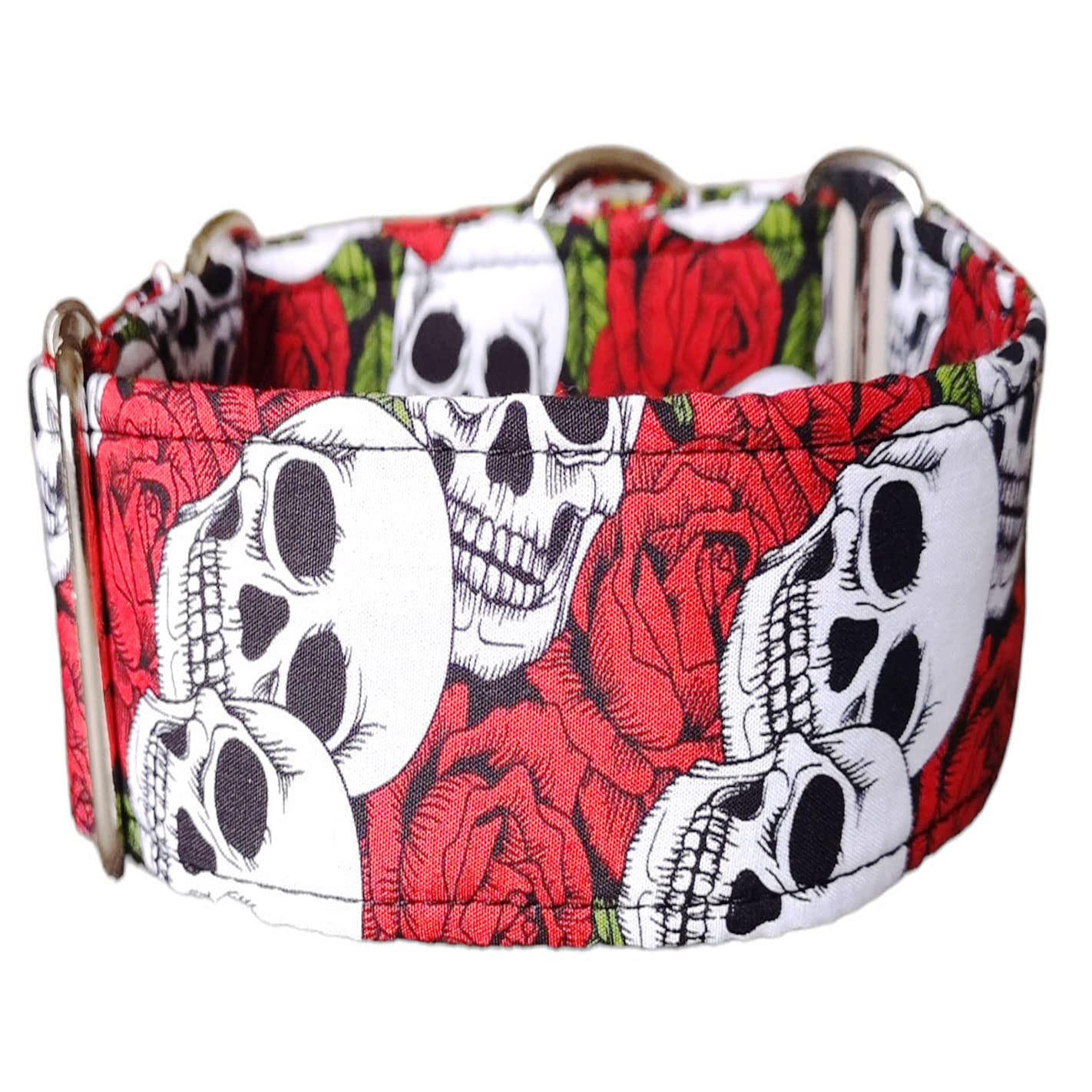 Collar Martingale/Correa/Cinturon Seguridad CALAVERA RED para Perro Galgo Greyhound - Hecho a Mano en España