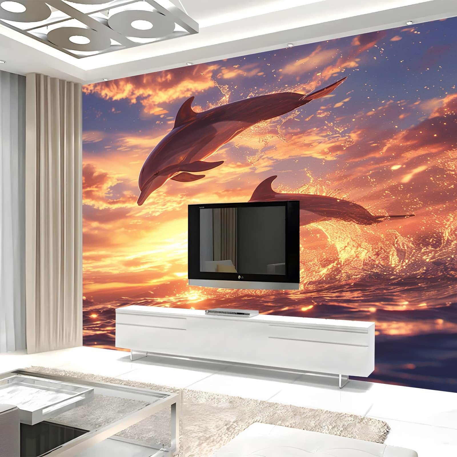 Tapeta murale szer. 118 x wys. 83 nadruk zwierzęcy delfin 3D włóknina mural ścienny do sypialni salonu dekoracja ścian, białe tło telewizora naklejka ścienna na sofę (nie samoprzylepna)