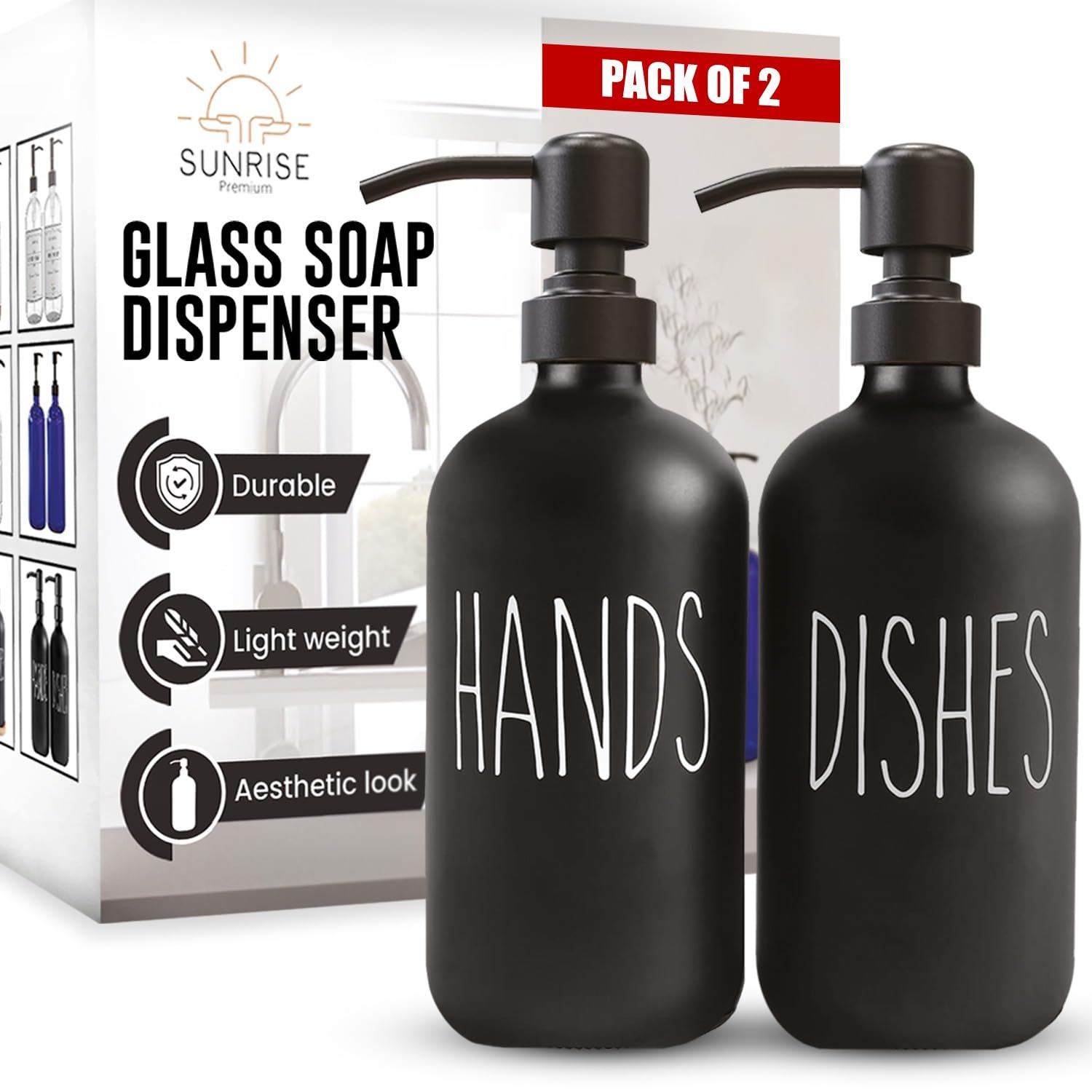 Sunrise Premium Black Glass Soap Dispenser, Matte Black Pump, 2 Pack