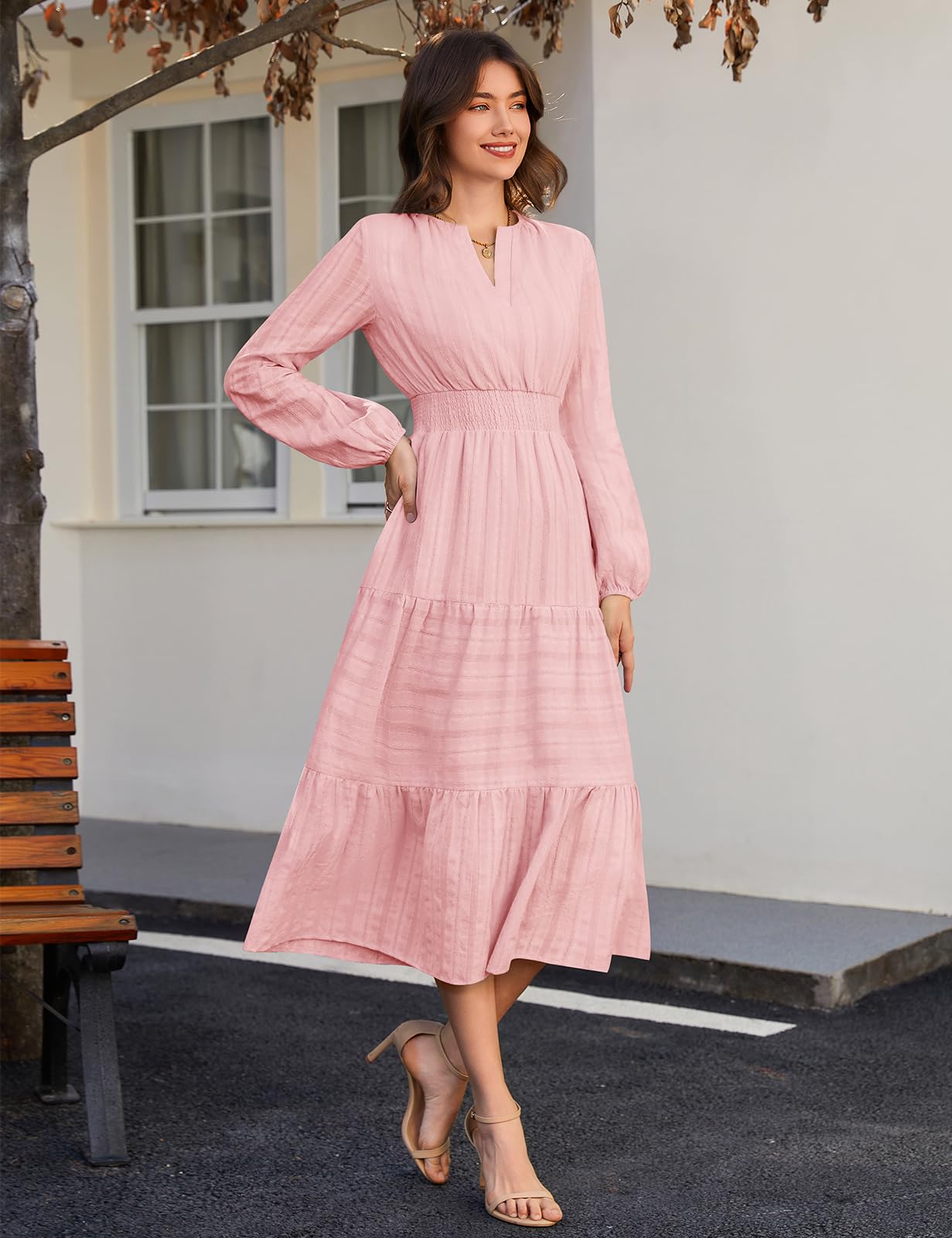 Vestito Donna Manica Lunga Scollo a V Autunno | Vita Alta, Gonna a Trapezio, Cotone, Casual Abito, Vestito Lungo, Elegante, Tinta Unita, Tasche, Autunno, Inverno, Primavera