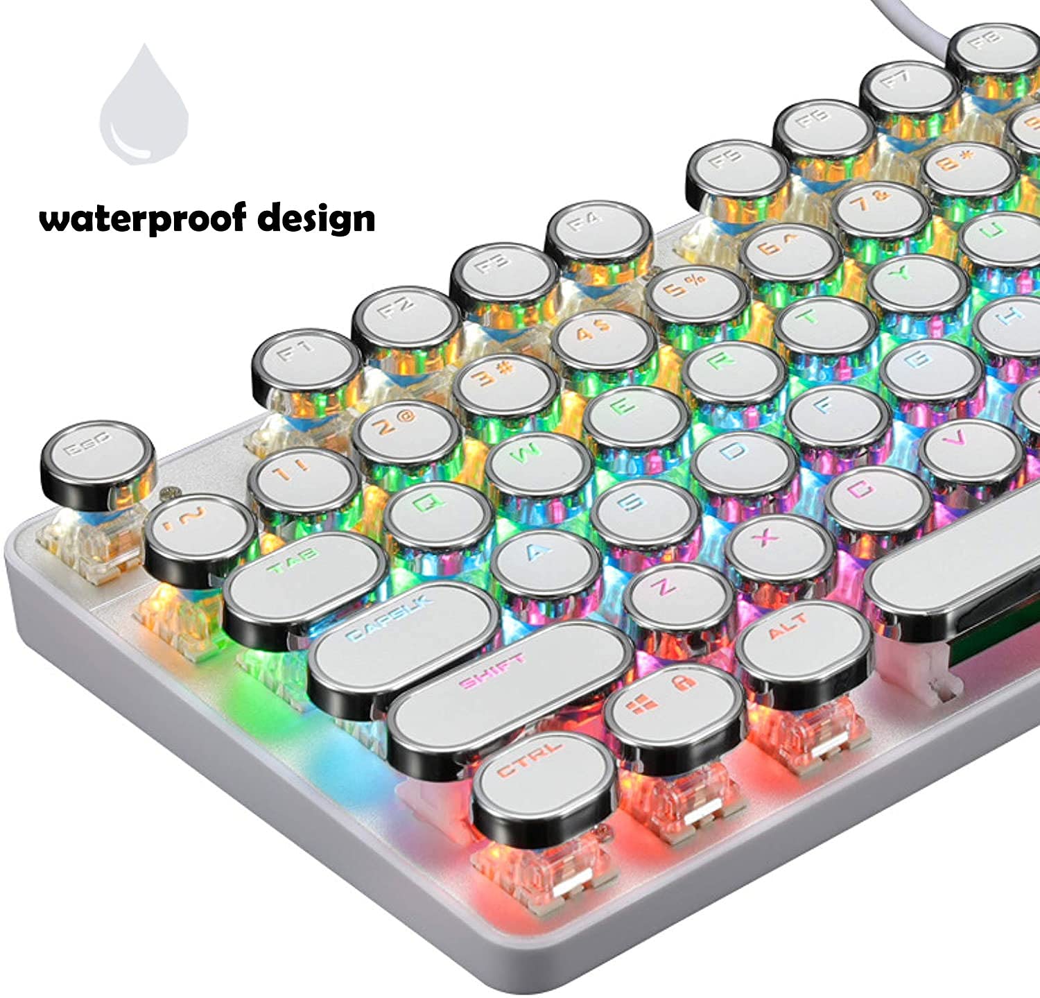 Mechanische Gaming-Tastatur, 87 Tasten, Retro-/Punk-Schreibmaschine, blauer Schalter, Regenbogen-Hintergrundbeleuchtung, Anti-Ghosting, USB-Kabel, für PC, Desktop-Computer, für Spiel und Büro (weiß)
