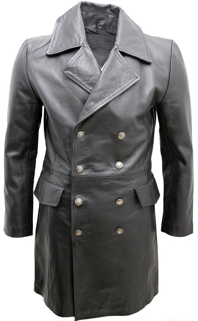 Infinity Leather Männer Langer schwarzer Deutscher Marineledermantel