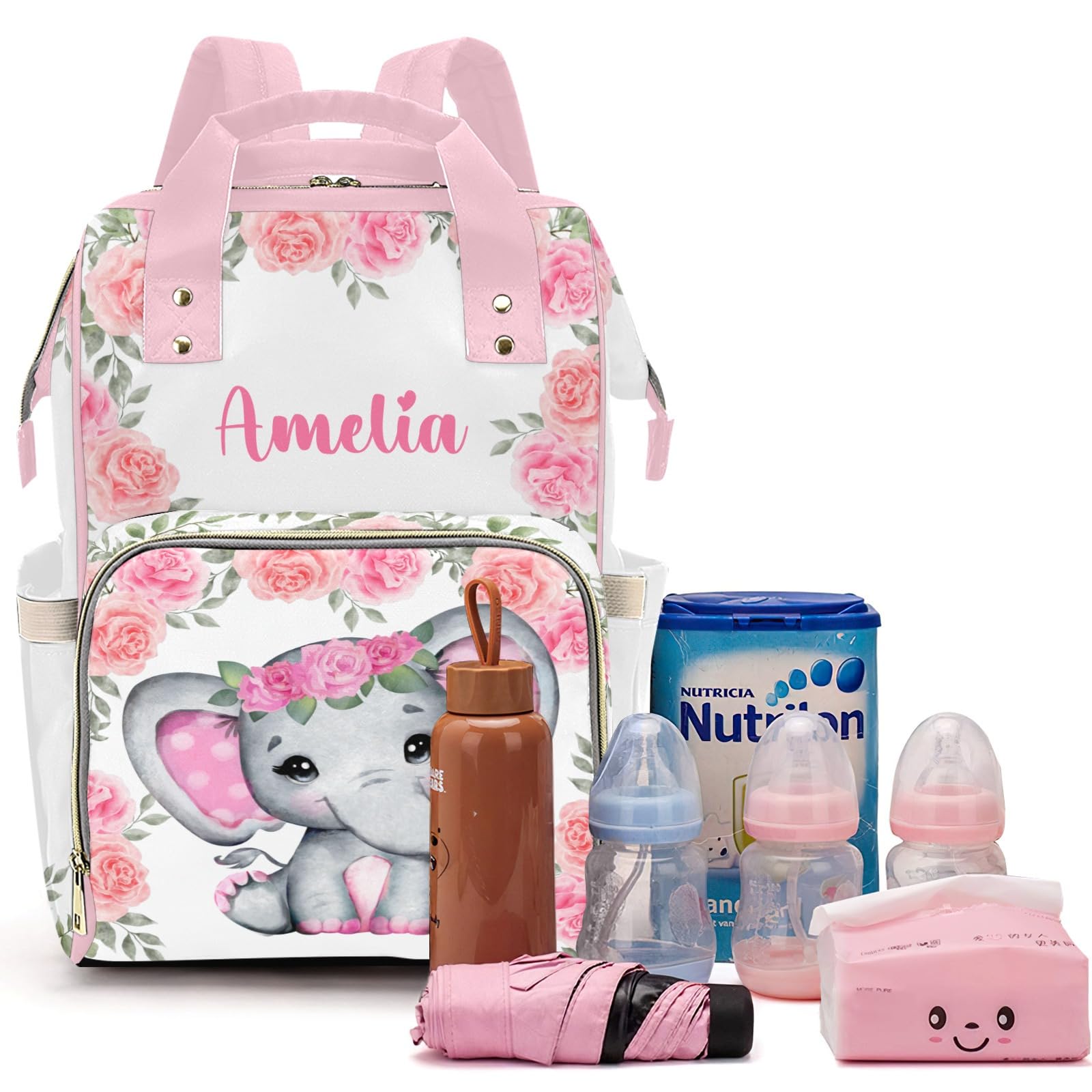 Voltexia Personalized Baby Elephant with Flowers Diaper Bag Nursing Baby Bags Nappy Bag with Name Casual Travel Backpack with Thermal Pockets Diaper