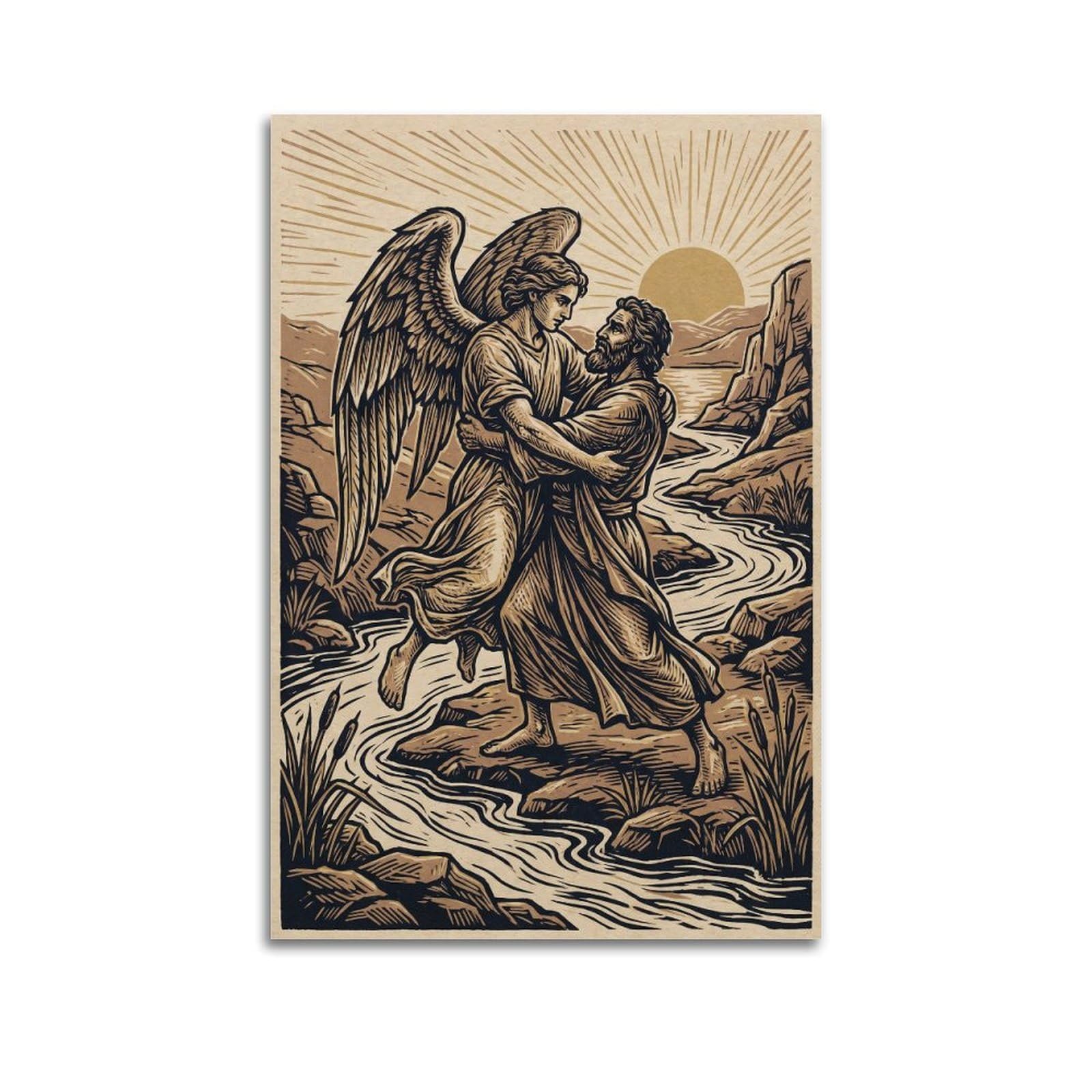 OKNGB Bible Angel Poster Desert Patriarch Wrestling Holy Encounter Decorative Painting Canvas Art Picture 12x18inch(30x45cm)