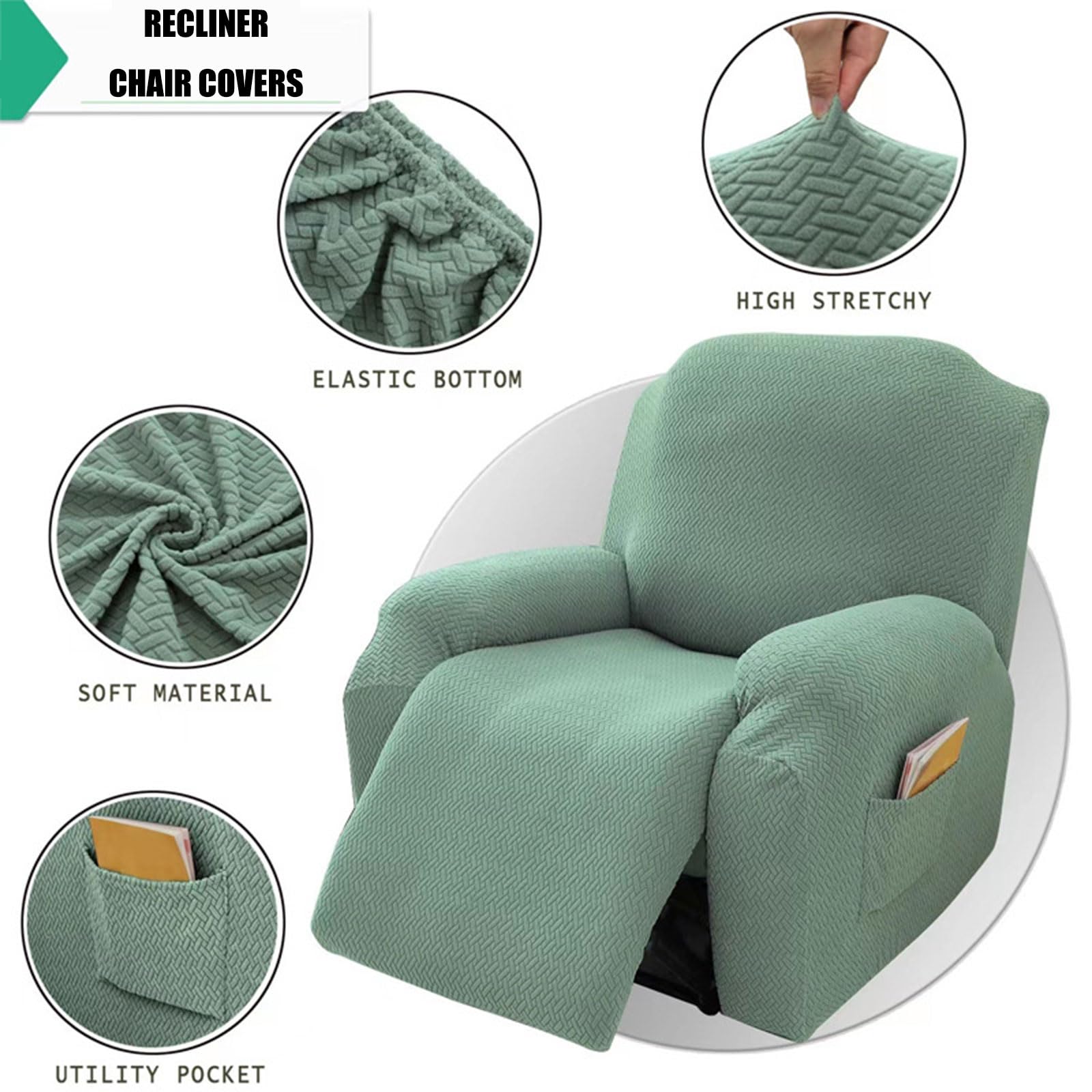 Set di 4 Copri Poltrona Relax Reclinabile, Copri Poltrona Elettrica con Tasche, Jacquard Fodere Poltrone Relax Elasticizzato, Lavabile,Nero,4 Seater