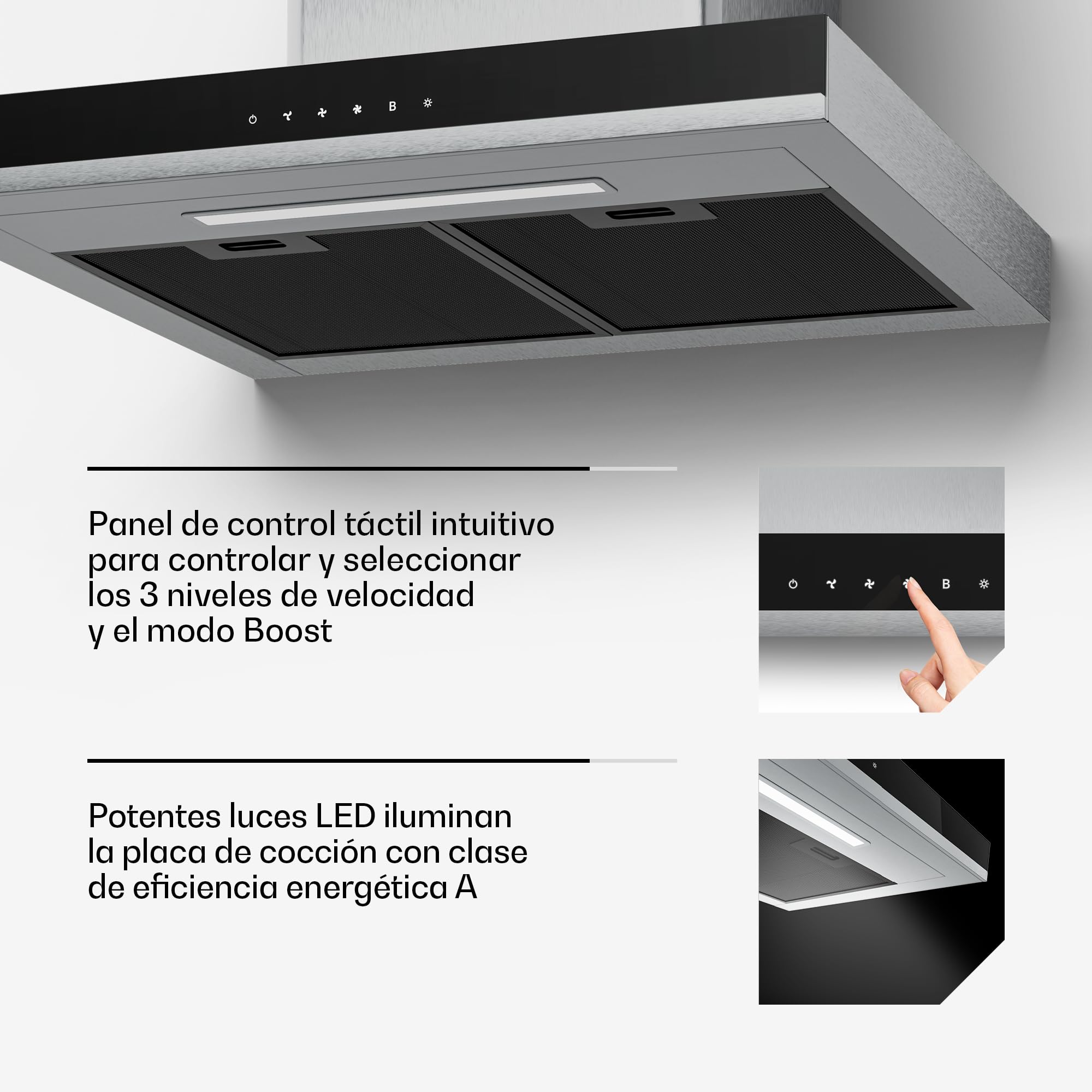 Klarstein Verosteel Campana Extractora 60 cm - 881,6 m³/h, A++, LED, 3 Velocidades + Boost, Filtros Lavavajillas & Carbón, Acero Inoxidable, Táctil, Silenciosa, Cocina
