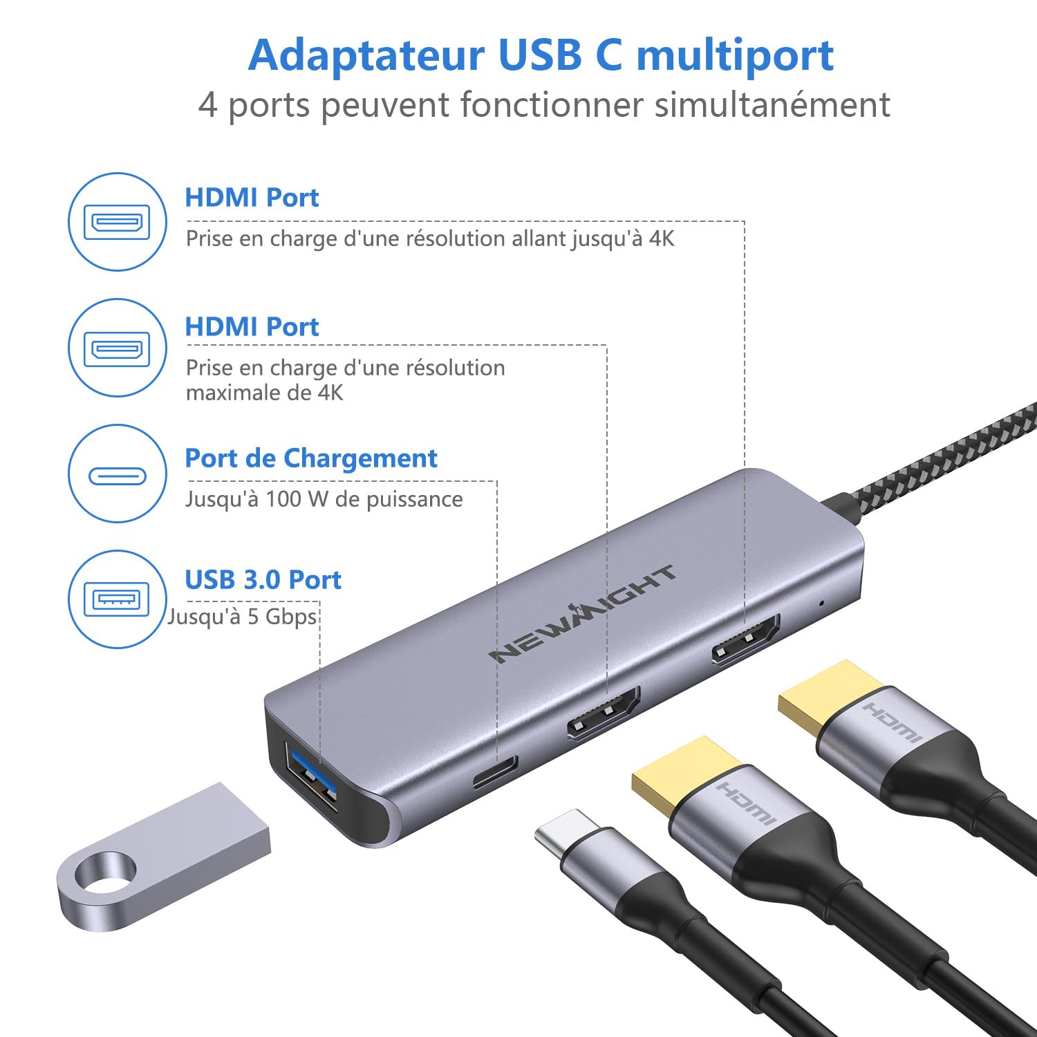 Adaptateur USB C Double HDMI 4 en 1,Compatible Macbook,iPad,Windows,PC | Station d'accueil USB-C pour Deux écrans, équipée de 2 Ports HDMI, USB 3.0, Charge PD 100 W