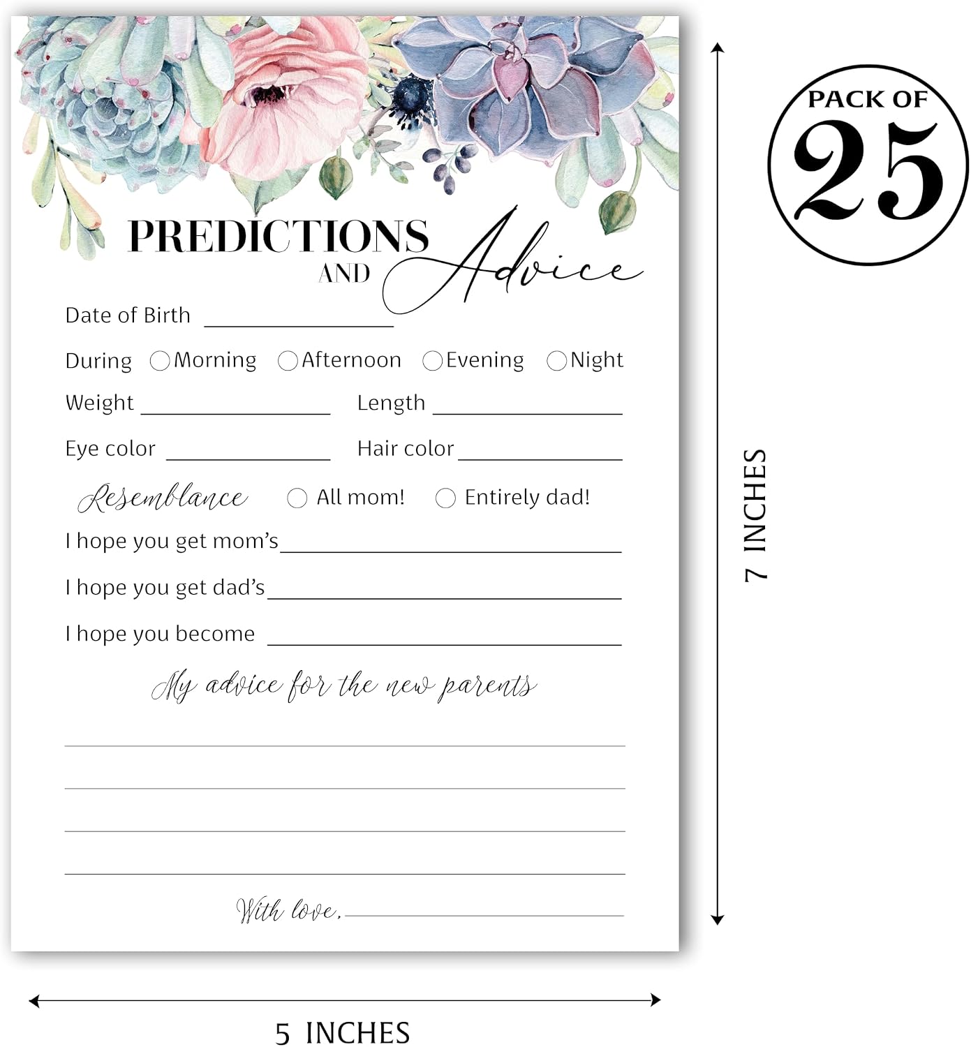 SUCCULENTS Prediction and Advice Cards - Pack of 25 - GENDER NEUTRAL Baby Shower Games, New Parents Mom & Dad to be Mommy & Daddy Message, GREENERY Couples Coed Shower Activity Keepsake Book G301-PDAV