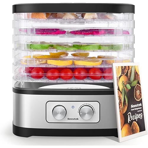 Seeutek Food Dehydrator Machine, 5 BPA-Free Trays, Adjustable Temperature Control for Beef Jerky, Fruits, Vegetables, Includes Recipe Book & 4 Reusable Storage Bags, Electric Dryer Machine