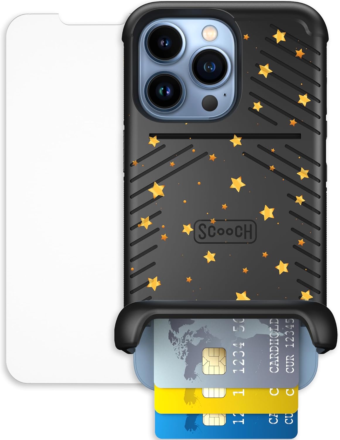 Scooch for iPhone 13 Pro Case with Card Holder, Wingmate Wallet Case with Hidden Card Slot and RFID Protection, Bundled with Tempered Glass Screen Protector, Gold Stars
