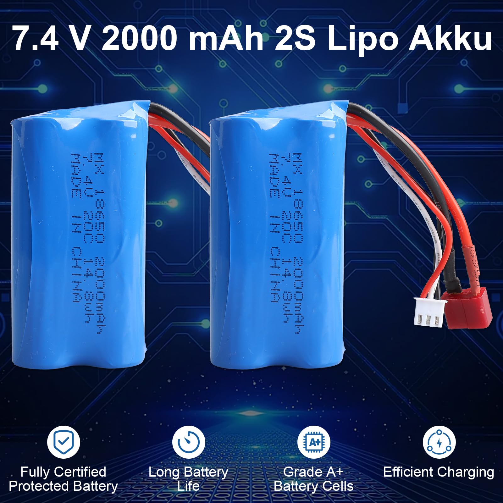 Batería RC 2S de 7,4V 2000 mAh de Iones de Litio con Conector JST, Batería Lipo 2S con Cargador USB para Helicópteros, Coches, Camiones y Barcos RC