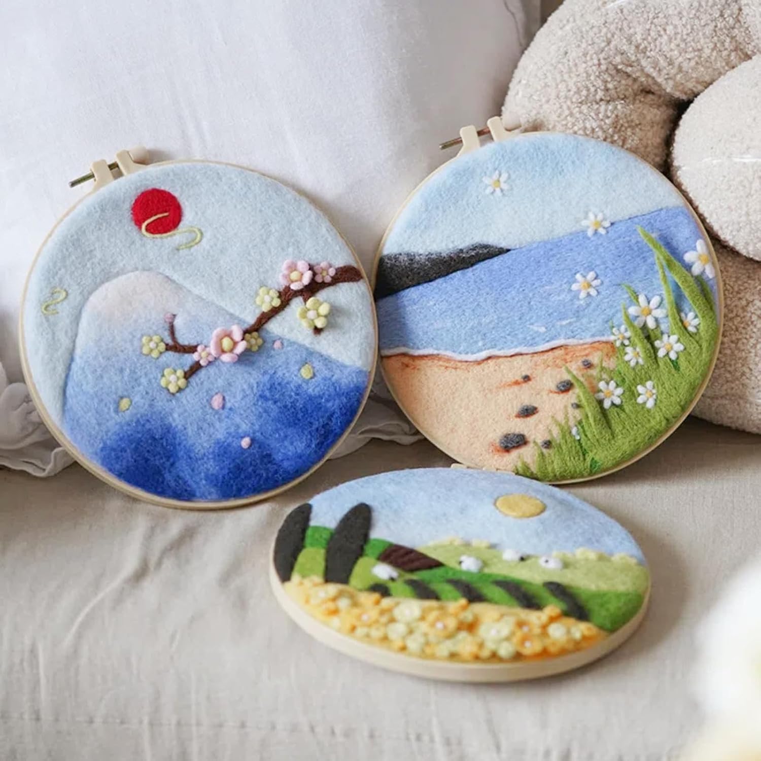 Hilsayum Needle Felting Landscape Kit Painting Making Set Needle Felt Starter Set Wool Felt Painting Kit for Living Room Room Wall Hanging Decoration (Stream and Sheep)