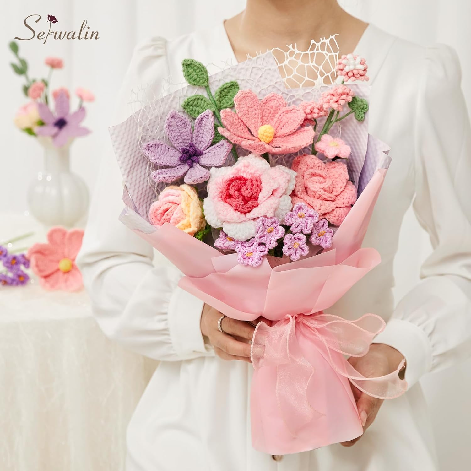 Serwalin Crochet Flower Bouquet,Pink Knitted Flowers,Roses Crochet Flowers for Valentine Day Lover Wedding Anniversary Birthday Mother’s Day Back-to-School or Graduation Ceremonies Gift (with Card) - Image 8