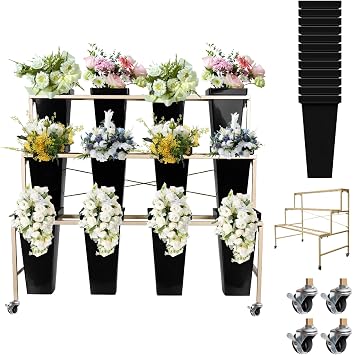 Flower Display Stand with 12 Buckets, 3 Layer Plant Stand with Wheels, Movable Plant Display Stand, Heavy Duty Moving Plant Cart Shelf for Indoor Outdoor 12Pcs Black Square Bucket