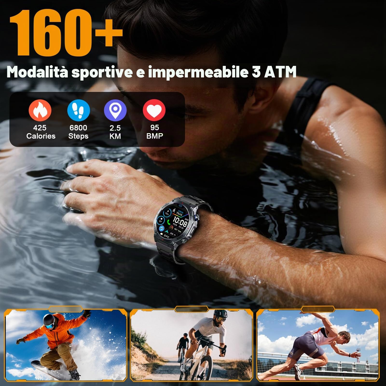 Smartwatch Uomo GPS, 1.43" AMOLED Militari Orologio Smartwatch con Chiamate Bluetooth, 5 ATM Smart Watch con Sonno/Cardiofrequenzimetro/Torcia/Bussola, 160+ Sportive Fitness Tracker per Android iOS