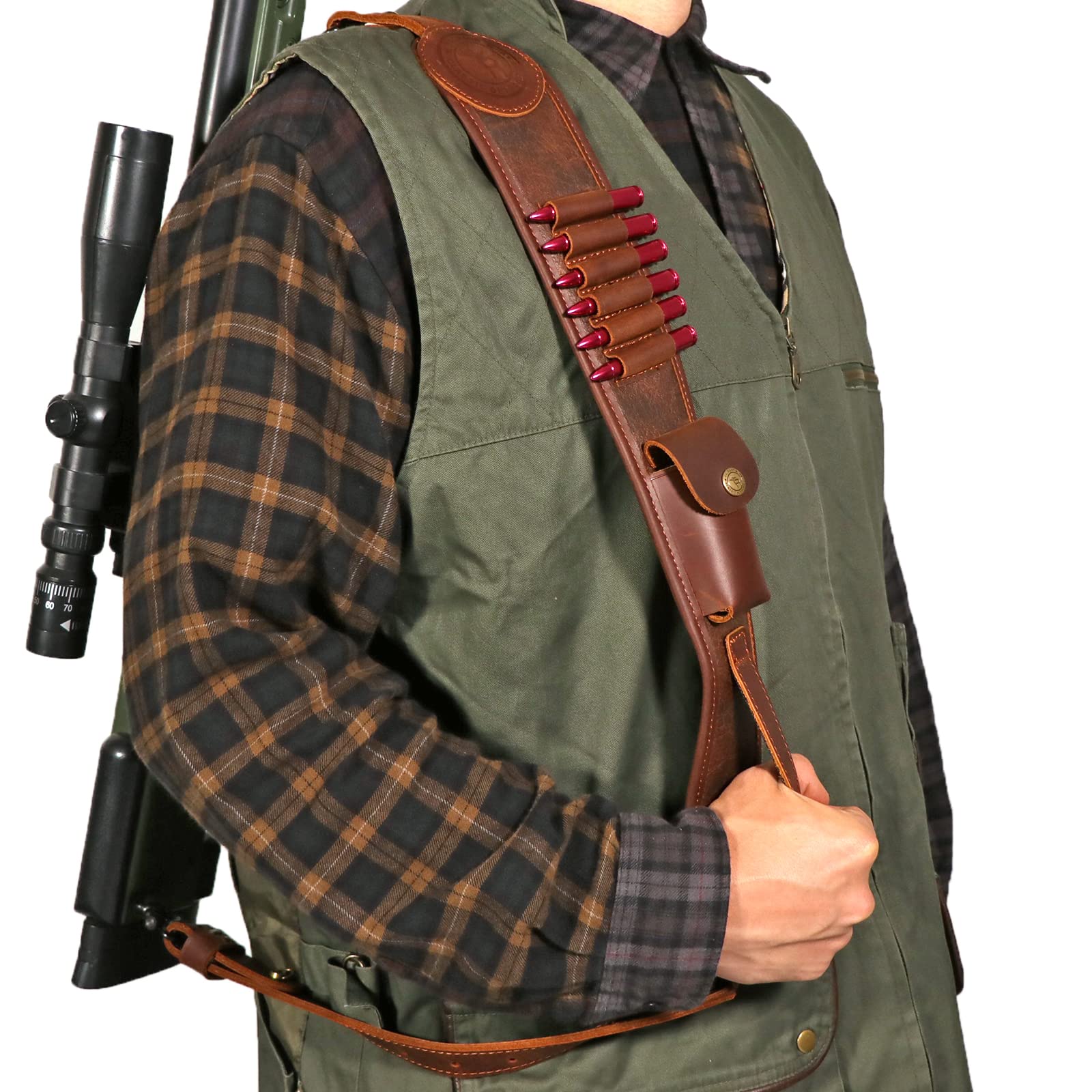 TOURBON Adjustable Padded Rifle Sling With Swivels – Non-Slip Leather Shoulder Strap In Brown