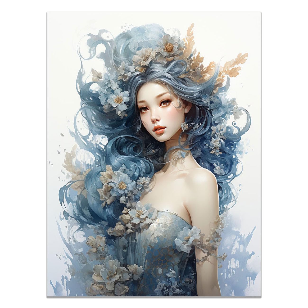 QUSAAOU African Americans Wall Art Blue Floral Hair landscape Painting Vintage Tribal Girl Images Elegant Paintings Of Black Women Suitable For Home Wall Decoration(Misty blue)-60x90cm1 Unframed