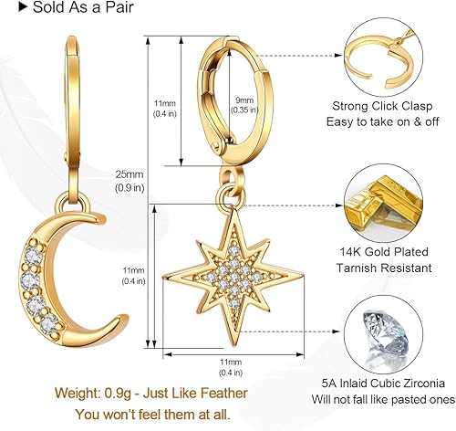 Miniatura 6 de Ldurian Aretes punk con punta cruzada para mujer, aretes colgantes de mano con bloqueo punk, Hamsa, chapados en oro de 14 quilates, con circonita