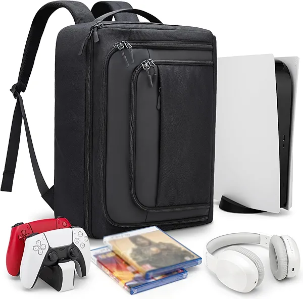 Game Console Backpack for PS5, Protective Carrying Case Compatible with Playstation5 Console, Base, 15.6”Laptop, Headset, PS5 Controller, More Game Discs, and Gaming Accessories