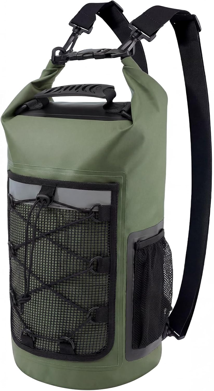 Pimoys Dry Bag, 25L Waterproof Backpack, Roll-Top Dry Bags Kayak, Outdoor Travel Bag for Boating, Kayaking, Camping, Fishing, Hiking, Rafting(Forest Green