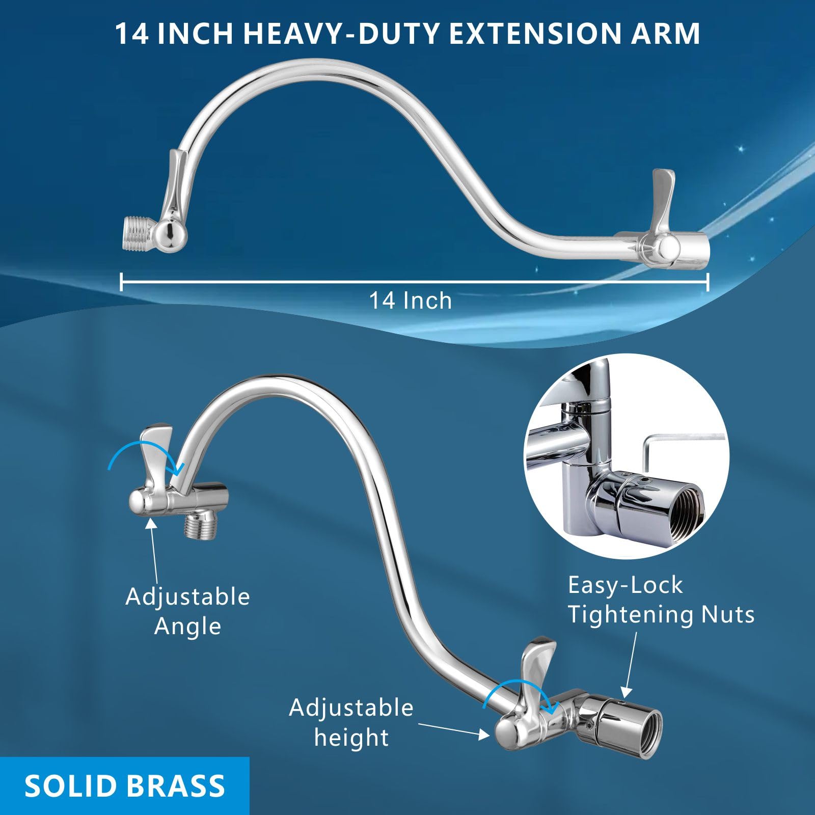 Voolan Soffione doccia a pioggia quadrato da 25,4 cm con braccio di estensione da 35,6 cm, angolo e altezza regolabili, soffione doccia a pioggia ad alta pressione in acciaio inox, 2,5 GPM cromato