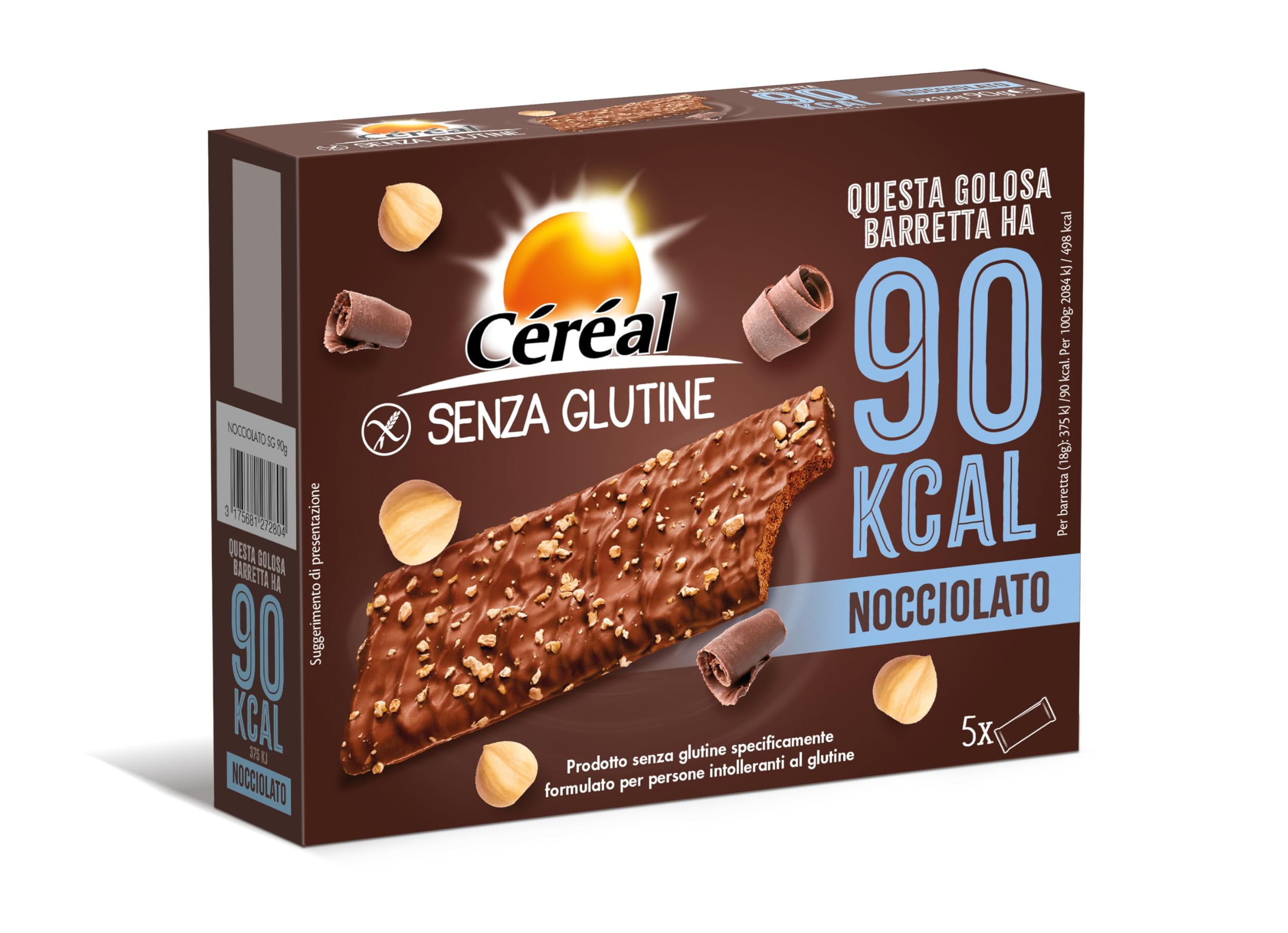 Céréal Nocciolato, Barrette senza Glutine con Cereali e Cioccolato, Snack Gustoso e Ricco di Fibre con solo 90 calorie per Biscotto, Pack di 8 confezioni da 5 barrette (8 x 5, 90 gr)