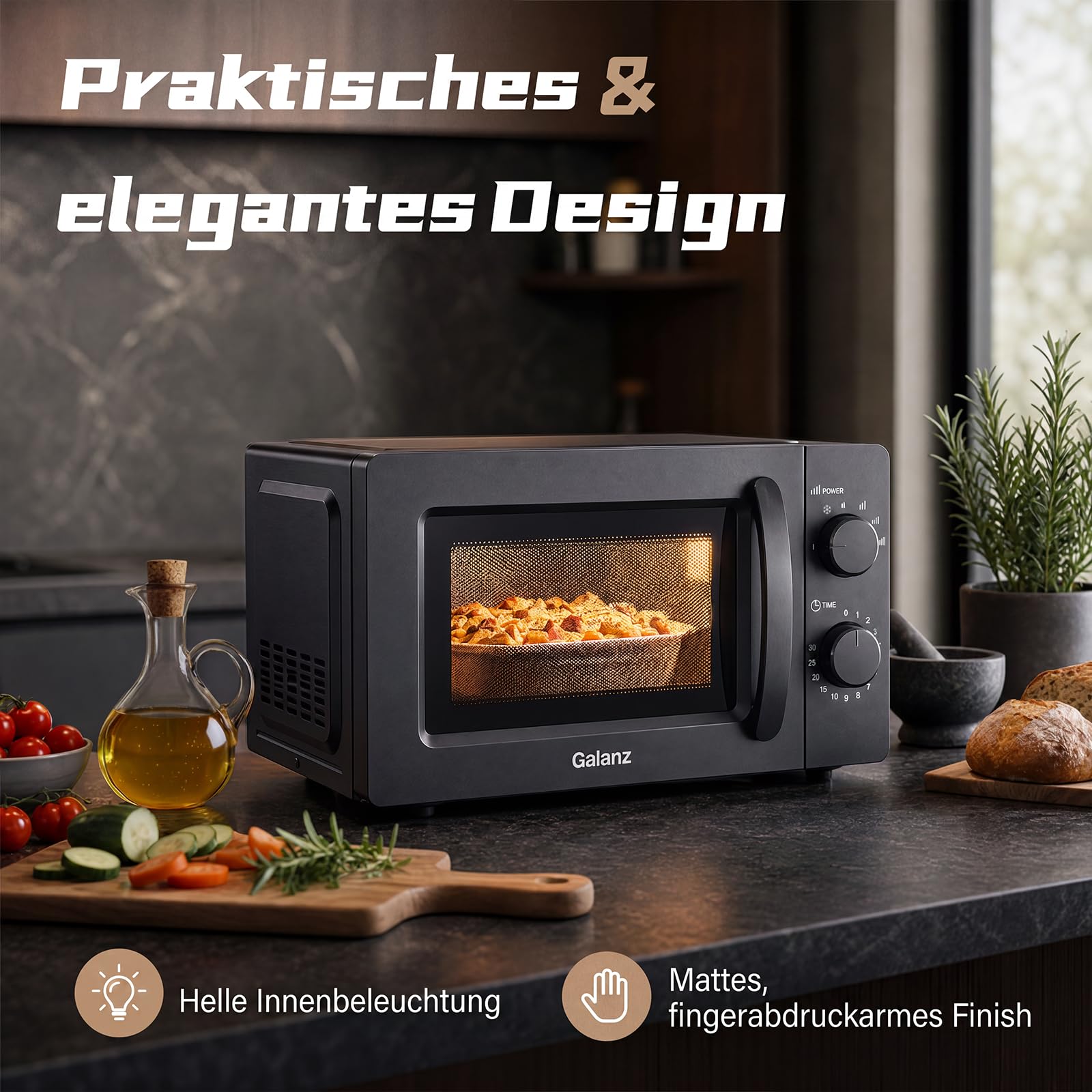 Galanz Mikrowelle 20L 700W, Solo Mikrowellengerät mit Drehregler, 6 Leistungsstufen, Drehteller aus Glas & Sichtfenster, einfache Bedienung, Schwarz, P70J20J-P5